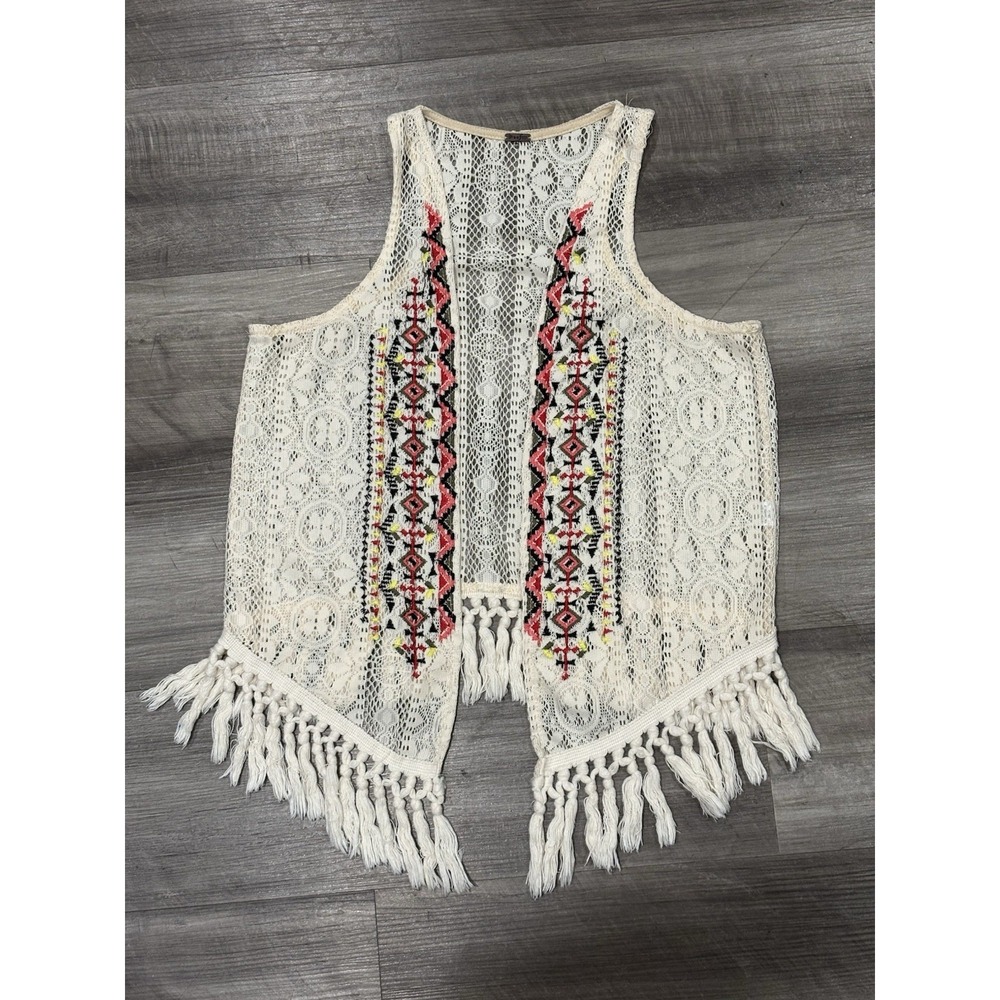Poof Crochet Lace Fringe Vest Medium Cream Boho Festival Embroidered Open Front